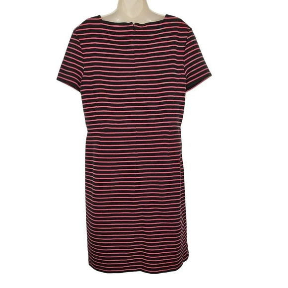 Talbots Dress Pleated Women Size 14 Pink Black Stripe Short Sleeve Square Neck - Picture 3 of 5
